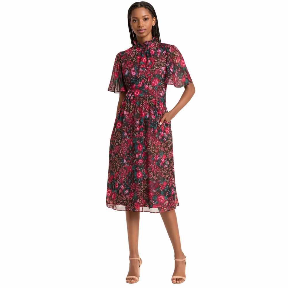 Julia Jordan Floral Midi Dress Burgundy Pink Sz 6 Ruffled Collar Old Money NWOT